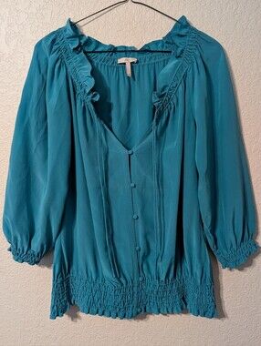 Joie 100% Silk Teal 3/4 Puff Sleeve Tie-front Smocked Blouse, Size S